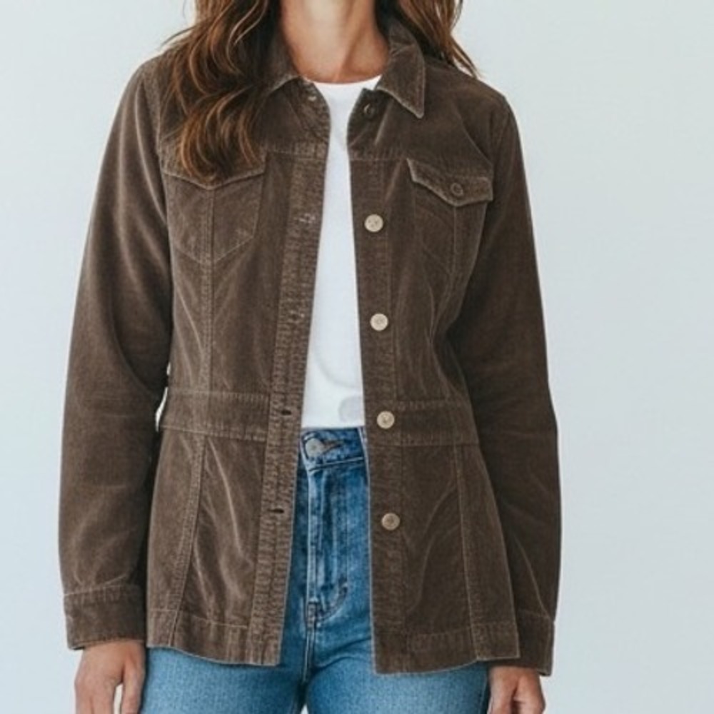 FRENCH CUFF Brown fuzzy cozy Button Up Jacket Women's Medium Cotton
